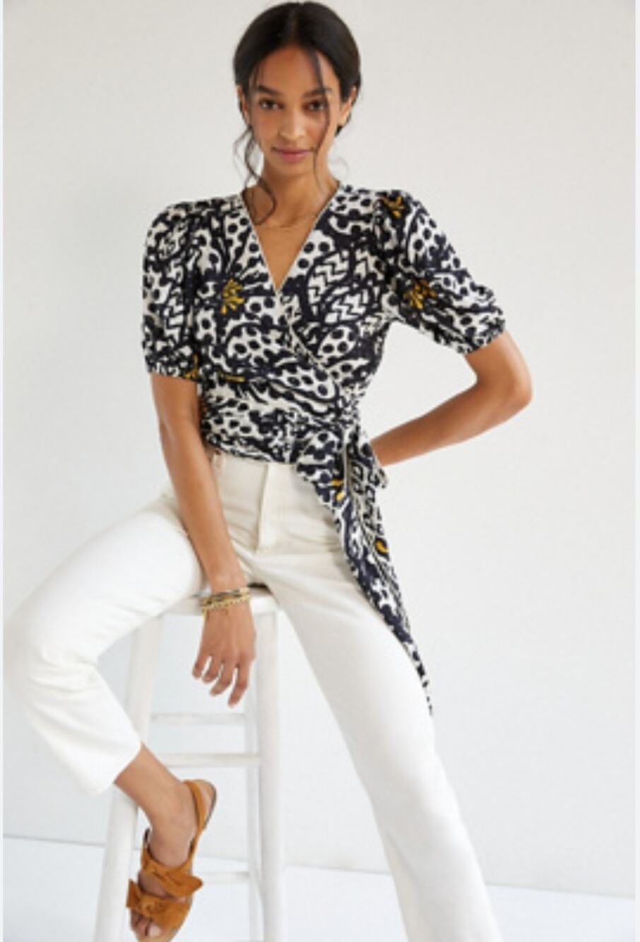 Anthropologie Farm Rio Black Yellow Floral Wrap Top Medium